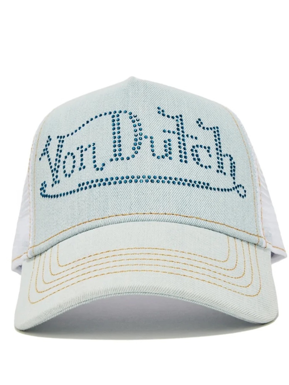 Von Dutch Light Blue Rhinestone Logo Trucker Hat
